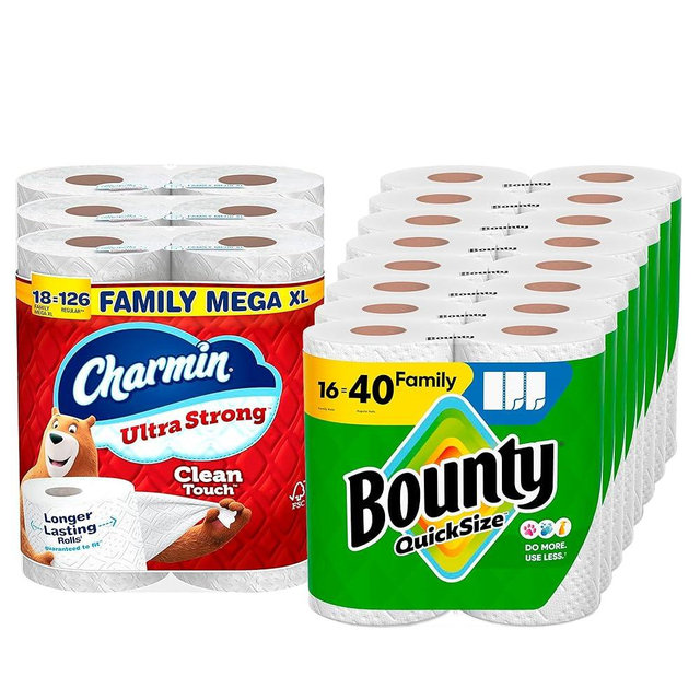Bounty Quick-Size Paper Towels, White, 16 Family Rolls, Charmin Ultra Strong Clean Touch Toilet Paper, 18 Family Mega XL Rolls