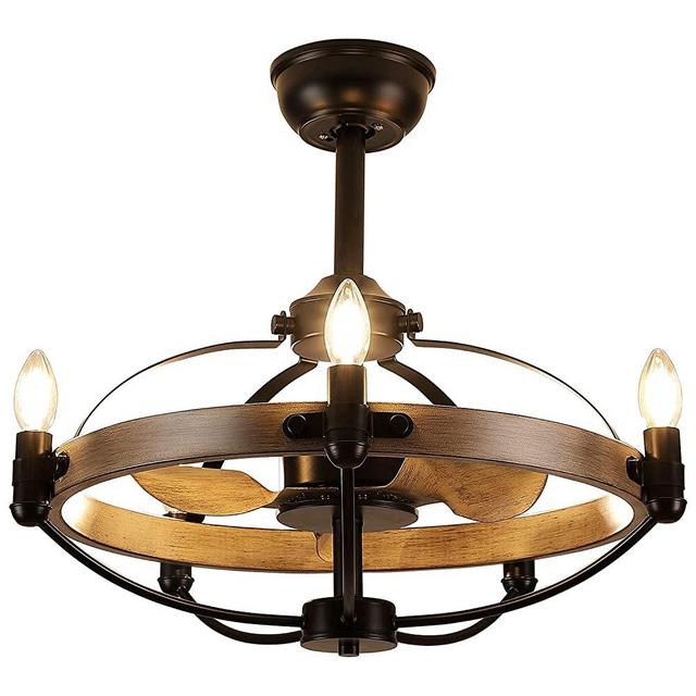 MADSHNE Caged Ceiling Fan with Lights Remote Control, 23'' Black Modern Farmhouse Ceiling Fan, Bladeless Chandelier Ceiling fan Light with DC Motor, Reversible