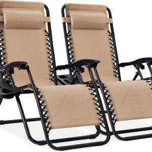 Best Choice Products Set of 2 Adjustable Steel Mesh Zero Gravity Lounge Chair Recliners w/Pillows and Cup Holder Trays - Sand