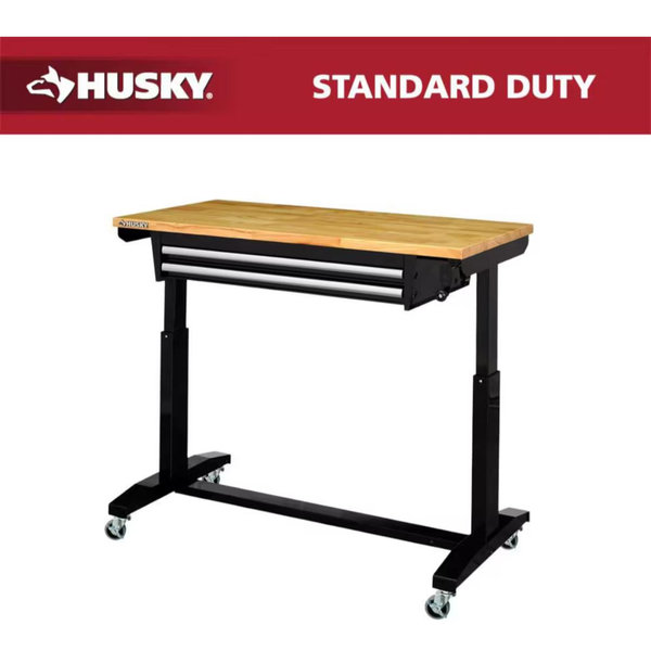 Husky Tool Storage 46 in. W x 24 in. D 2-Drawer Adjustable Height Black Worktable with Solid Wood Top HOLT4602B12