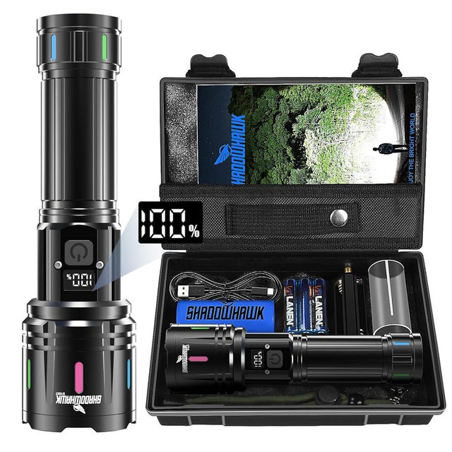 Shadowhawk Flashlights High Lumens Rechargeable, 2000 Lumens XHM90.2 Super Bright Flash Light LCD Digital Display LED Flashlight, Handheld High Powered Waterproof Flashlight for Camping Emergencies
