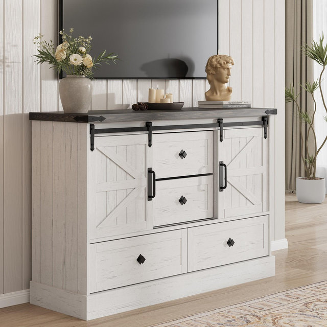 TV Stands for Living Room, Television Stands with Large 4 Drawers & Bar Handles, Farmhouse Wood Entertainment Center with Sliding Barn Doors