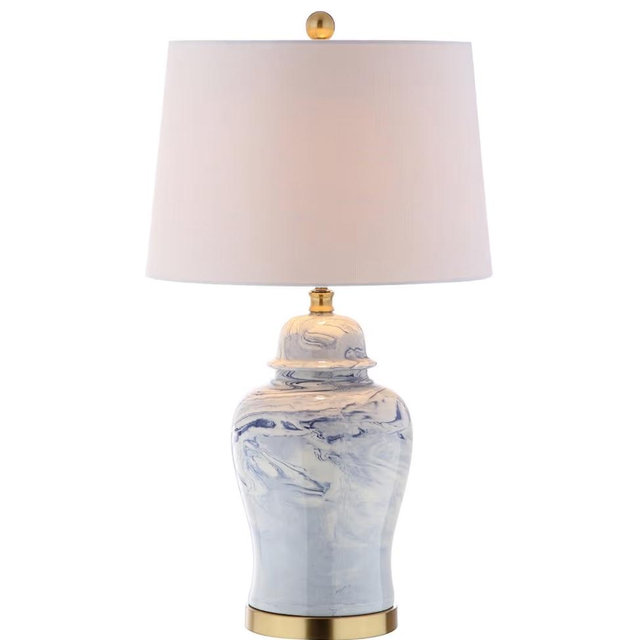 JONATHAN Y 26" Blue and White Marble Ceramic Table Lamp, Traditional Ginger Jar Style with Brass Gold Base, White Linen Drum Shade, LED Bulb Included JYL3010A
