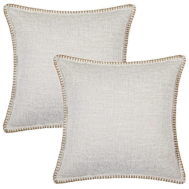 decorUhome Decorative Throw Pillow Covers 18x18 Set of 2, Square Linen Farmhouse Pillow Covers with Stitched Edge, Rustic Pillow Covers for Couch, Sofa, Living Room, Beige