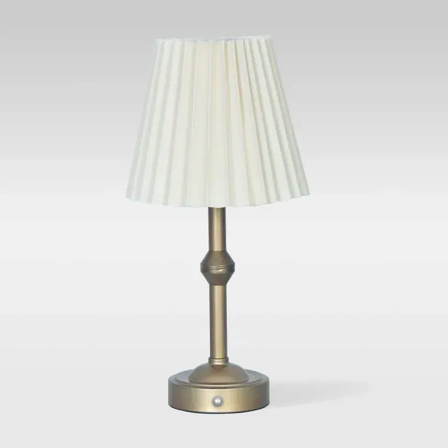 Armoire Cottage Collection Brass Portable Cordless Table Lamp with Solid Taupe Pleated Shade