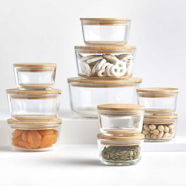 Crate & Barrel 20-Piece Round Glass Food Storage Set with Bamboo Lids