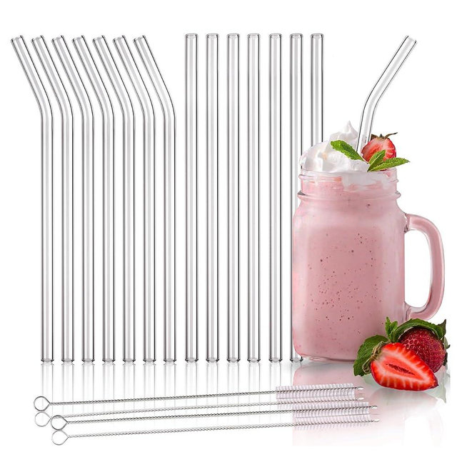 THRISTO Glass Straw 16-Pack- Glass Straws Shatter Resistant 7 Bent & 7 Straight, 10”x10mm, 2x Cleaning Brushes- Foam Wrap Secured- Ideal for Hot Coffee & Chilled Smoothie at Home & Party
