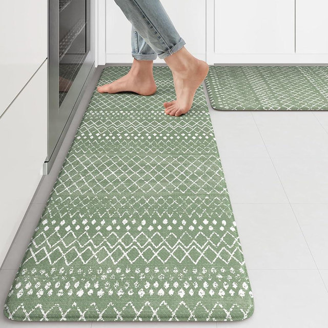 KIMODE Kitchen Mats for Floor Anti Fatigue, Green Boho Kitchen Rugs Sets of 2, Cushioned Kitchen Floor Mats, Comfort Standing Mat for Sink Laundry Office Desk 17"x47"+17"x29"