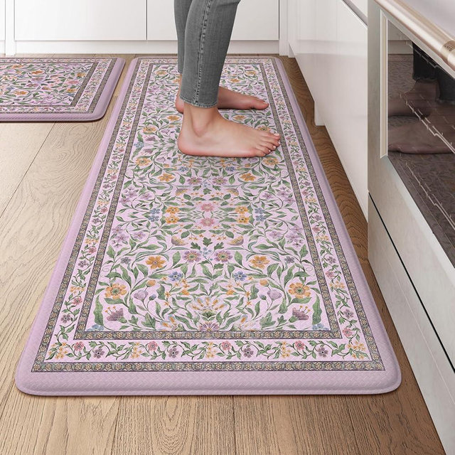 KIMODE Anti Fatigue Kitchen Mats 20"x47"+20"x32", Boho Flora Kitchen Rugs Sets of 2, Cushioned Non Skid Kitchen Mats for Floor, Comfort Kitchen Floor Mats for Sink Laundry Desk Purple