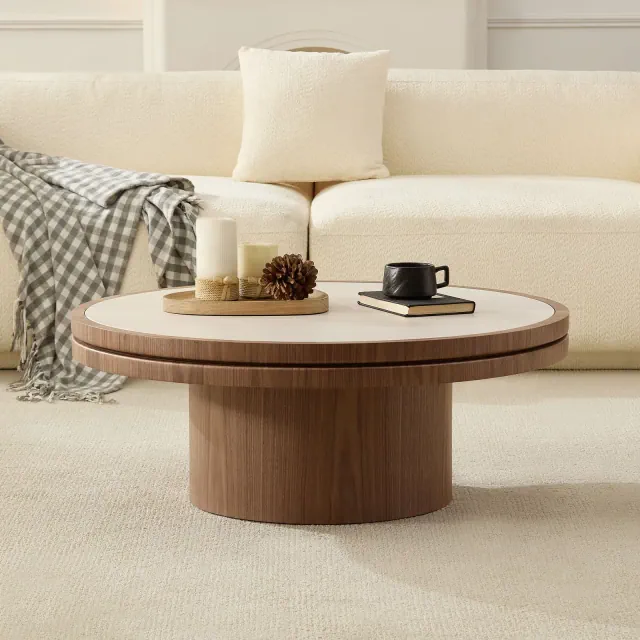 ModernLuxe 35.43" Round Coffee Table with Sintered Stone Tabletop, Mid-Century Modern Center Table End Table for Living Room, Walnut