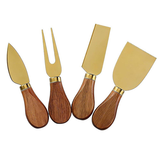 4 Gold Cheese Knife Set for Charcuterie Board, Wood Handle Stainless Steel Cheese Slicer & Cutter Utensils Gift for Christmas, Halloween, Thanksgiving & All Holidays (4 Gold Cheese Knife Set)