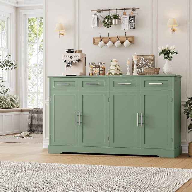 HOSTACK 60" Large Buffet Sideboard with Storage, 36" Tall Kitchen Buffet Storage Cabinet with 4 Drawers, Modern Coffee Bar Cabinet with Silver Handles, Long Sideboard Buffet Table for Kichen, Green