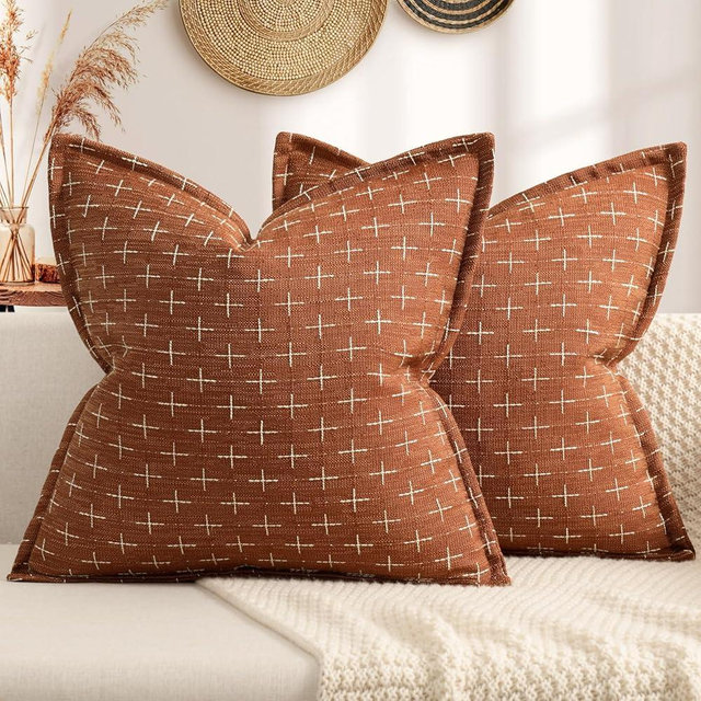 ZWJD Fall Pillow Covers 18x18 Set of 2 Soft Polyester Textured Rust Pillow Covers with Stylish Flange Edge Cozy Farmhouse Throw Pillows for Couch Bed Sofa Living Room Fall Decor