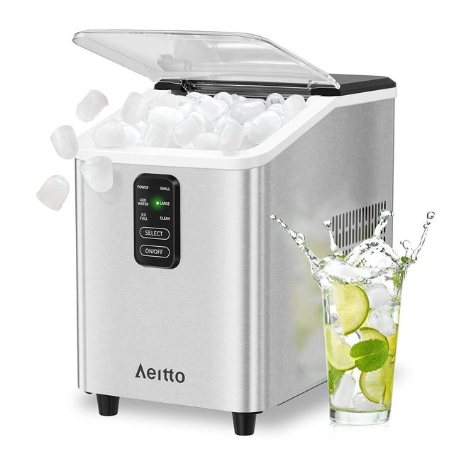 Aeitto Ice Maker Countertop 26lbs/24H, Ice Machine 8 Ice Cubes Ready in 6 Mins, 2 Sizes of Bullet Ice Portable Ice Makers with Basket & Scoop, Auto Self-Cleaning for Home/Kitchen/Office Stainless