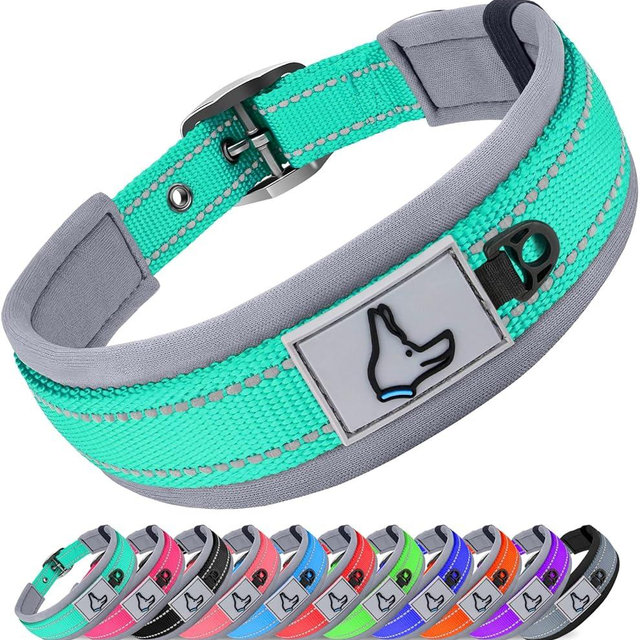 Joytale Dog Collar for Extra Large Dogs, Neoprene Padded and Adjustable, Reflective Wide Heavy Duty Pet Collars with Durable Metal Belt Buckle for Walking, Teal, XL