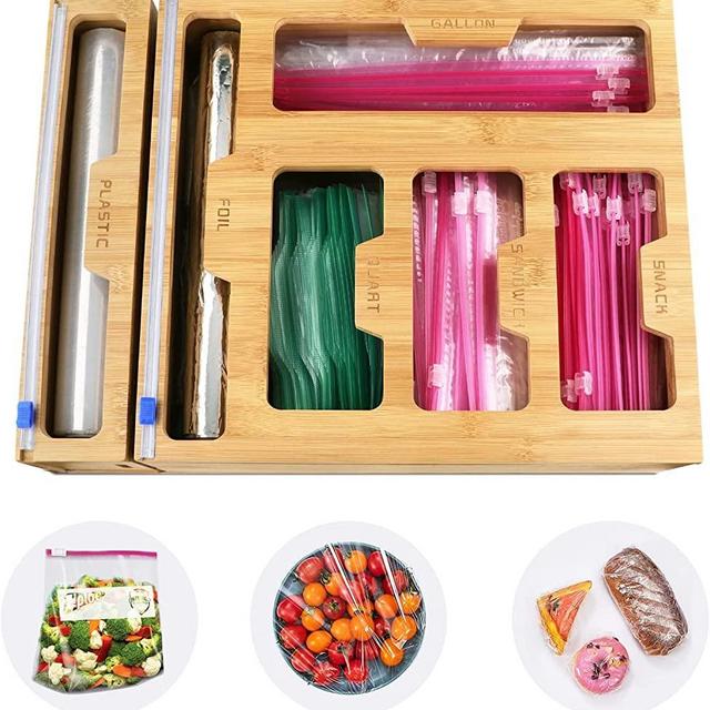 Bamboo Ziplock Bag Storage Organizer, Foil and Plastic Wrap Dispenser with Cutter, Plastic Bag Organizer, Ziplock Bag Organizer for Gallon, Quart, Sandwich & Snack etc.（New）