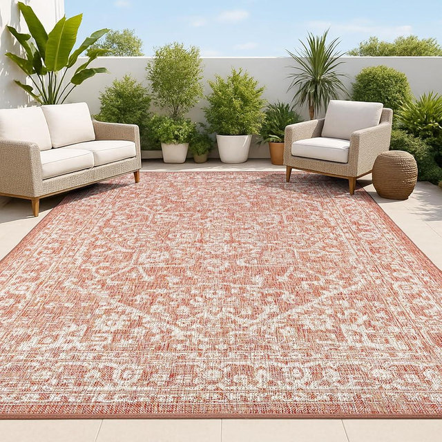 JONATHAN Y Boho Medallion Indoor Outdoor Area Rug 6X9 Red/Taupe, Malta Textured Weave for Backyard, Patio, Porch, Easy-Cleaning, High Traffic, Pet-Friendly, Non-Shedding (SMB104A-6)