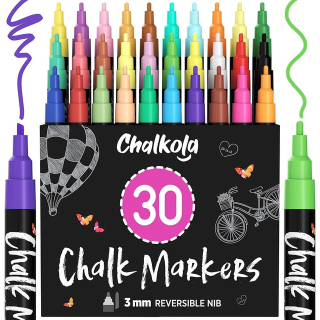 Fine Tip Chalk Markers (30 Pack - Neon & Pastel) Chalk Pens - Dry Erase Marker Pens for Blackboard, Chalkboards Signs, Windows, Bistro - 3mm Reversible Tip