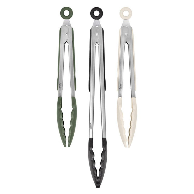 Tovolo Stainless Steel Tongs with Silicone Tip 9” 9” 12 Inch Oatmeal Thyme Green Black Heat Resistant Kitchen Tongs for Cooking Grilling Air Fryer, Stainless Steel Dishwasher Safe Metal Tong Set of 3