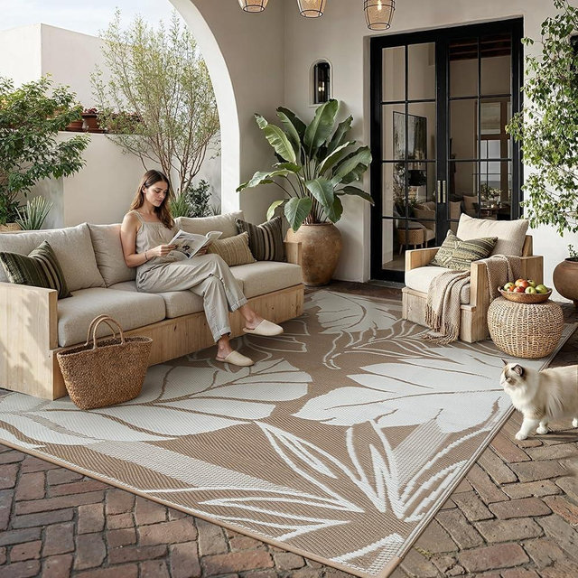 HUGEAR 8'x10' Outdoor Rug Waterproof Plastic Straw Rugs Large Brown Reversible Olive Leaf Mat Floor Carpet for Camping RV Deck Entryance Porch Picnic Balcony Beach Backyard
