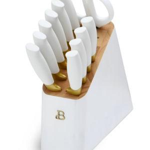Beautiful 12 Piece Knife Block Set with Soft-Grip Ergonomic Handles White and Gold by Drew Barrymore