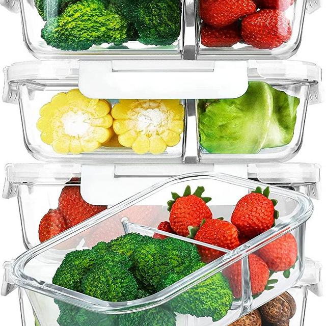 [5-Pack,36 Oz]Glass Meal Prep Containers 2 Compartments Portion Control with Upgraded Snap Locking Lids Glass Food Storage Containers, Microwave, Oven, Freezer and Dishwasher (4.5 Cups, White)