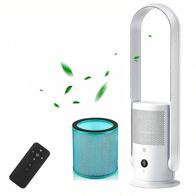 U ULTTY Bladeless Fan with Air Purifier, Quiet Tower Fan with Remote, Touch, 9 Speeds, 8H Timer, HEPA Filter 99.97%, 90° Oscillation Fans, Floor Fans Powerful for Home Office Room, CR022D White