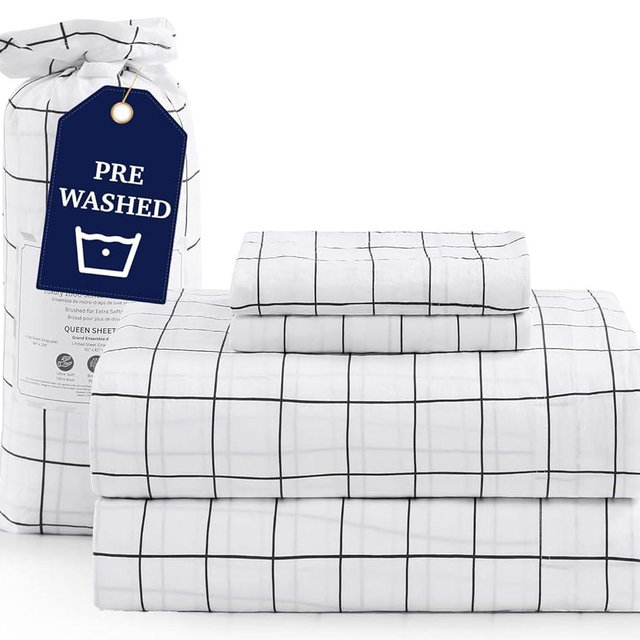 Casa Platino Bed Sheets Queen Size, Pre-Washed Bedsheets Queen Size Bed, Ultra Soft & Breathable Queen Bed Sheets Set, 100% Hydro-Brushed Microfiber Cooling Queen Sheets Deep Pocket - Windowpane