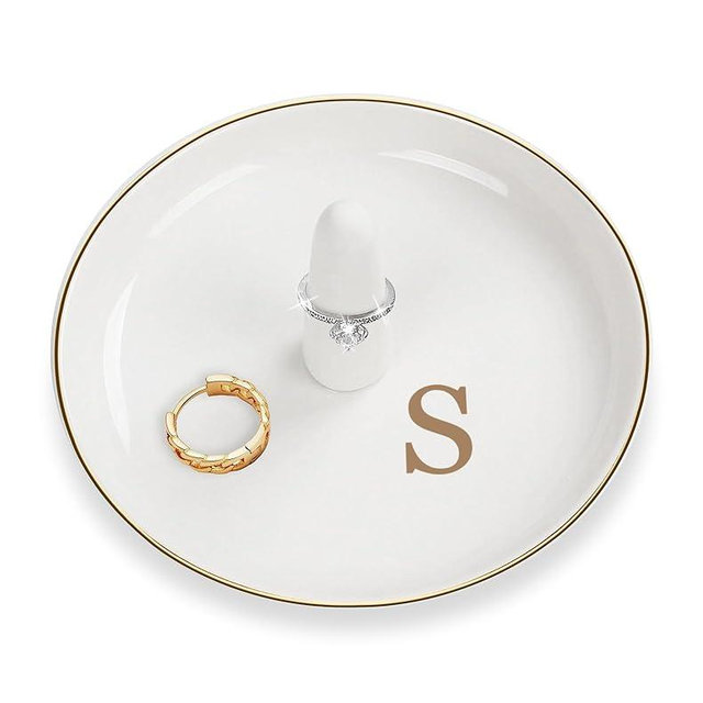 CulturaCraft Ceramic Ring Holder Dish - Monogrammed Jewery Tray Ring Dish Jewelry Holder Dish Room Decor, Personalized Engagement Wedding Gift Birthday Valentines Christmas Gifts for Women - Initial S