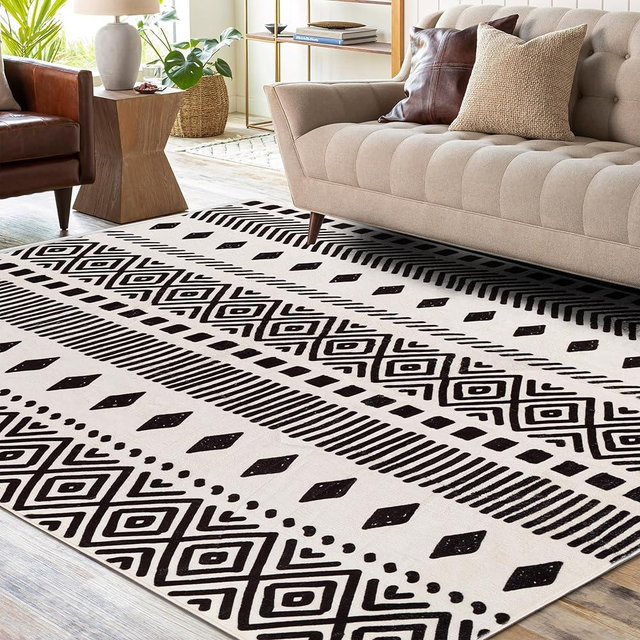 Living Room Area Rug 5x7, Ultra-Thin Non Slip Washable Farmhouse Rugs for Bedroom, Geometric Abstract Boho Area Rugs Large Floor Carpet for Home Office Decor (White/Black, 5' x 7')