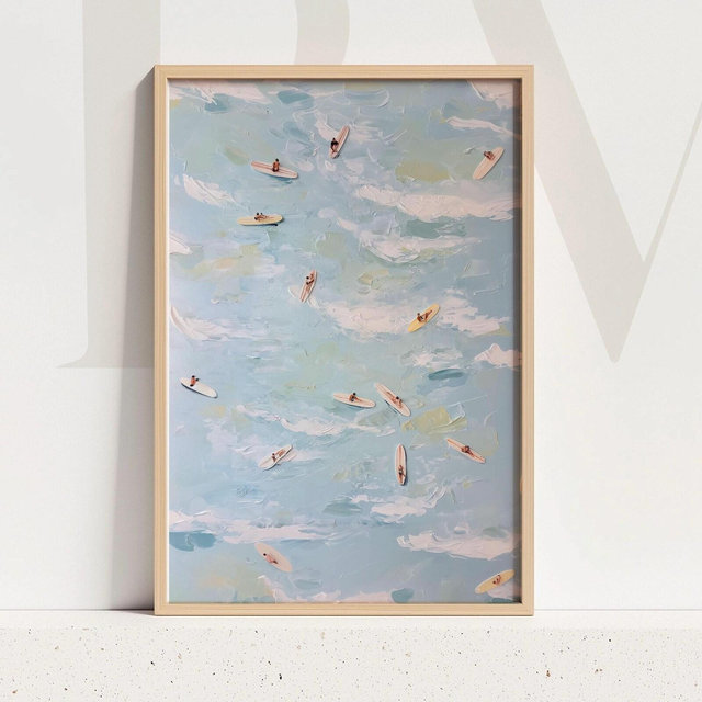 Aerial Surfers Art Print: Abstract Coastal Light Blue Ocean View With Mini Surfboards