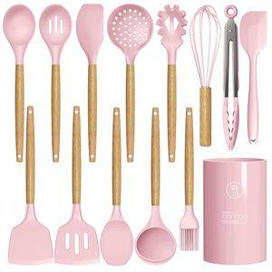 Silicone Kitchen Utensils Set - 446°F Heat Resistant Cooking Utensil Sets, Spatula,Turner,Tongs,Spoon,Brush,Whisk, Wooden Handle Silicone Kitchen Gadgets Tools for Non-Stick Cookware BPA Free (Pink)