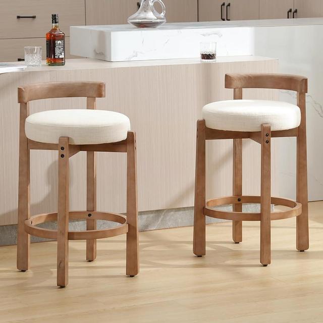 HEAH-YO Mid Century Modern Bar Stools Set of 2, 26.5" Counter Stools with Back, Linen Upholstered Barstools with Solid Wood Legs Bar Chairs for Kitchen Island Dining Room, Beige