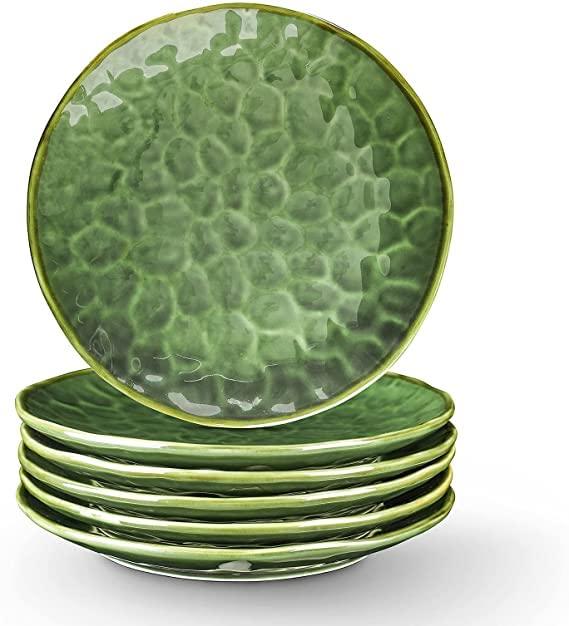 vicrays Ceramic Dinner Plates Set, 10.5 Inch, Set of 6, Round, Microwave, Oven, Dishwasher Safe, Scratch Resistant, Porcelain Fluted Suitable for Steak, Pasta, Pizza, Home, Party, Restaurant, Green
