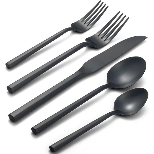 Alata Hexagon Black 20-Piece Forged Silverware Set Stainless Steel Flatware Set,Service for 4,Matte Satin Polished Cutlery Set,Dishwasher Safe