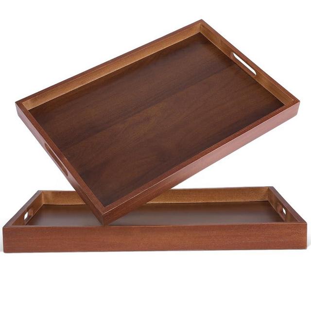 HANLANXUE 2 Pcs 17 Inch Acacia Wood Serving Trays with Handles, Large Wooden Tray Platter for Ottoman, Breakfast in Bed, Coffee Table, Decorative Rectangular Tray for Living Room Bedroom Kitchen