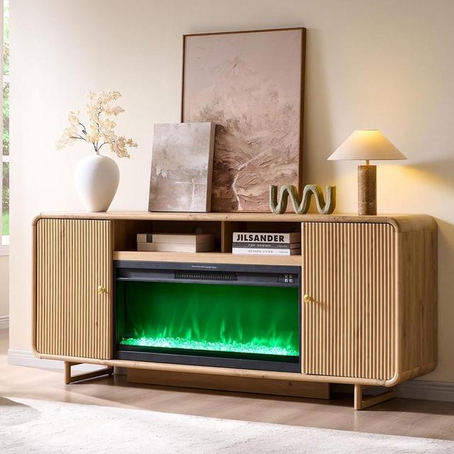 IFGET 70" Fluted Fireplace TV Stand for 80 Inch TV, Modern Entertainment Center w/36'' Electric Fireplace, Wood Media Console w/Curved Profile Design and Adjustable Shelves for Living Room,Natural Oak