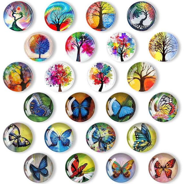 YayaCat 24Pcs 1.2in Round 3D Glass Fridge Magnets, Strong & Non Scratch for Fridge,Locker,Office,Classroom & Kitchen Decor, Colorful Vibrant Butterfly & Life Tree Design