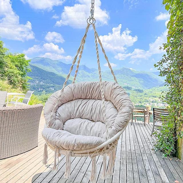 Hammock Chair with Cushion, Handmade Macrame Swing Chair with Hanging Hardware Kits, Bohemian Style Cotton Rope, Hanging Chair for Indoor Outdoor, Bedroom, Living Room, Patio -330lbs Capacity