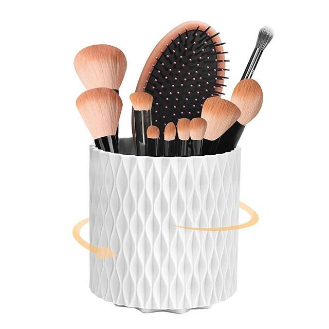 Plastic Makeup Brush Holder 360° Rotating Organizer 5 Slot Cosmetic Storage Makeup Brushes Cup Pen Holder for Vanity, Desk,Bathroom Countertops,Nordic Style Waterproof Cosmetic Display Cases (White)