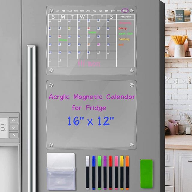 JonXon 2 PCS Magnetic Acrylic Calendar for Fridge,16"x12" Clear Acrylic Magnetic Dry Erase Board for Fridge,Includes 6 Kinds Products Set