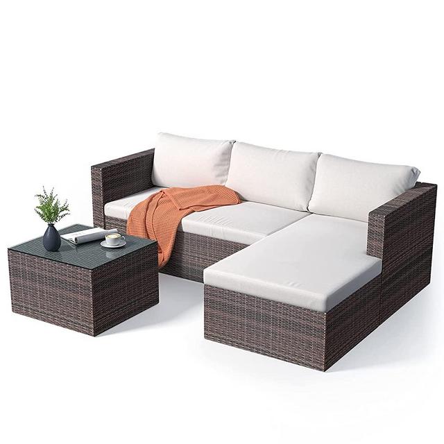 Qsun Outdoor Patio Furniture Set, 5 Pieces Outdoor Sectional Patio Set, PE Wicker Rattan Outdoor Patio Sofa with a Glass Coffee Table for Patio Porch Poolside Patio (Brown Rattan, Beige Cushion)