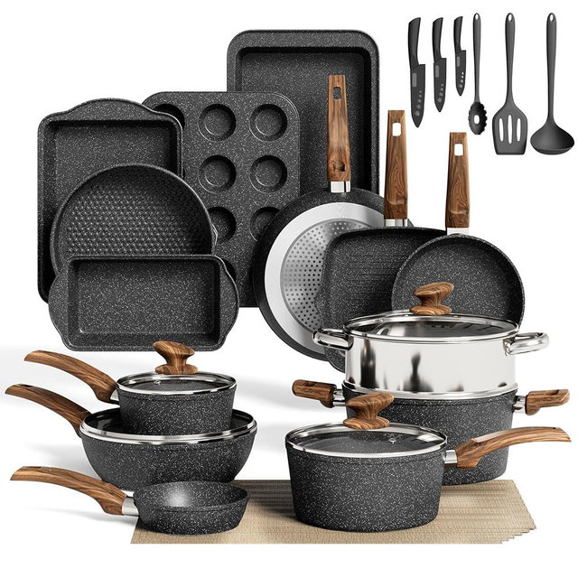 MAISON ARTS Pots and Pans Set Non Stick, 30 Piece Kitchen Cookware & Bakeware Sets with Granite Coating, Pots and Pans Sets for Cooking Nonstick, Black