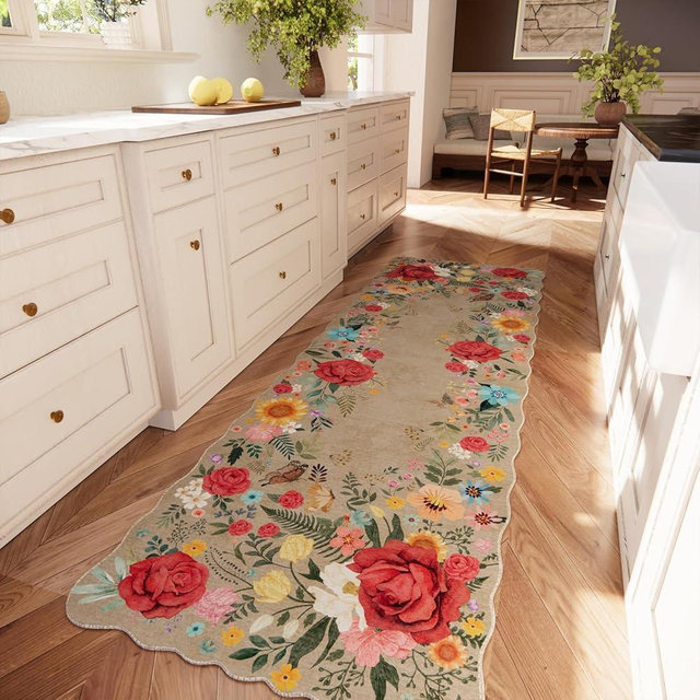 NoiFamo Kitchen Rug Runners for Hallways: 2x6 Washable Runner Rugs for Kitchen Ultra Thin Stain Resistant Non Slip Low Pile Lightweight Vintage Floral Carpet for Laundry Room, Bedside Decor (Khaki)