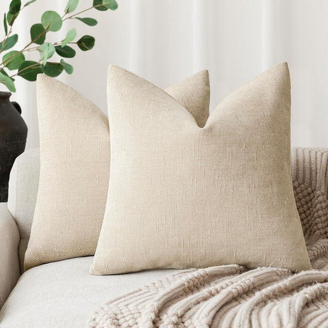 Foindtower Pack of 2 Soft Textured Throw Decorative Pillow Covers Square Accent Solid Cushion Cover Cozy Neutral Farmhouse Pillow Case for Couch Sofa Bedroom Living Room 18x18 Inch, Beige