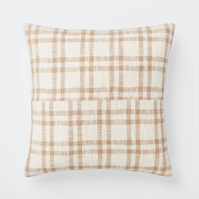 Woven Plaid Square Throw Pillow with Exposed Zipper Brown/Cream - Threshold™ designed with Studio McGee