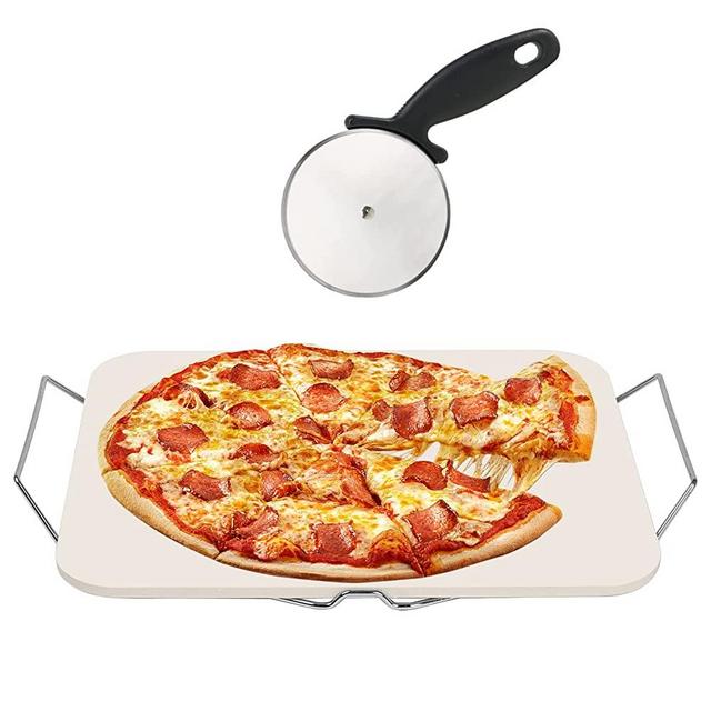 Pizza Stone for Oven and Grill, Rectangle Baking Stone 15 x 12 Inch with Free Pizza Cutter & Detachable Serving Rack, Safe Ceramic Cooking Stone for Crisp Crust Pizza, Bread, Cookie and More, No Smell