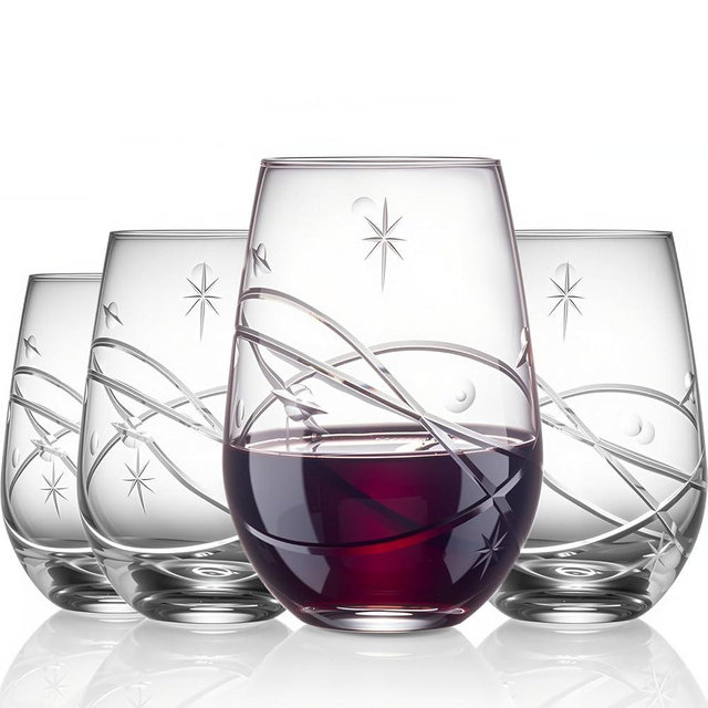 SHOSHIN Hand-Cut Space Pattern Stemless Wine Glasses 18 Oz, 4-Pack - Lead-Free Crystal, Dishwasher Safe & Artisan Engraved Design for Modern Entertaining