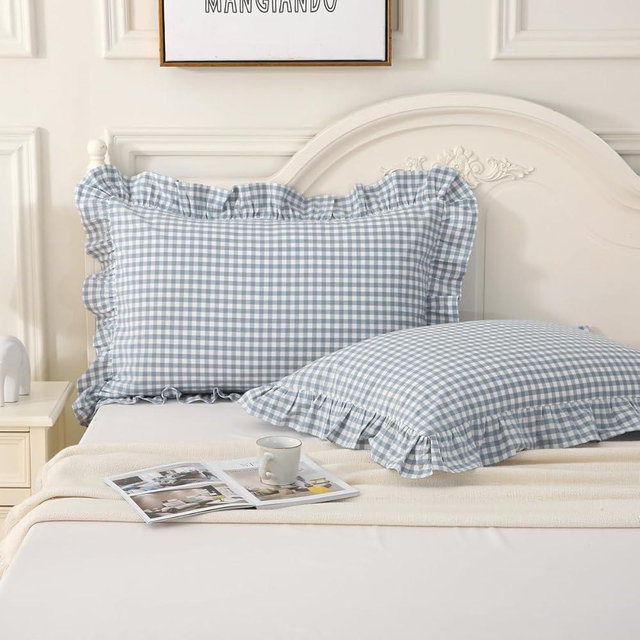 Silnuo Light Blue/White Plaid Ruffle Pillow Shams King Size Set of 2,Washed Cotton Shabby Checkered Gingham Pillowcases Pillow Covers