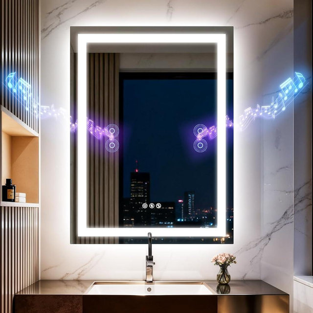Olyvren 24"x32" LED Bathroom Mirror with Lights,Bluetooth Dual Speaker,Anti-Fog,3 Color Temperature,Dimmable Brightness,Memory Function,Waterproof,Wall Mount Design,Tempered Glass